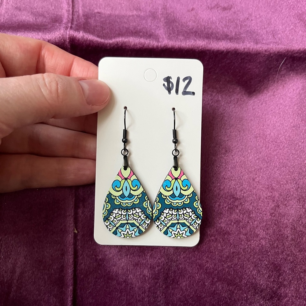 Colorful Patterned Dangle Earrings from Wood